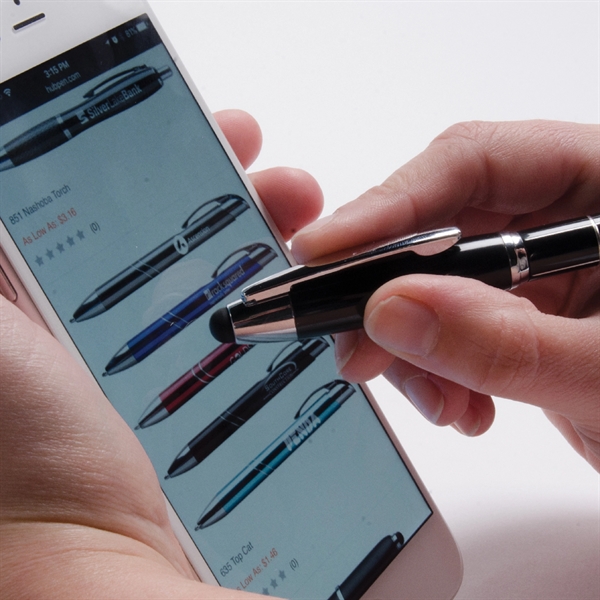 Multifunctional metal ballpoint pen with striking chrome grid pattern, twist-action retraction,... from ASI 61966 HPG / Hub Pen