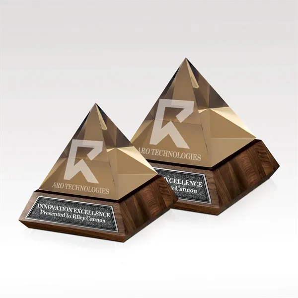 Pyramid shaped clear acrylic award that sits on a walnut base... from ASI 93986 Visions/Awardcraft / Visions Awards