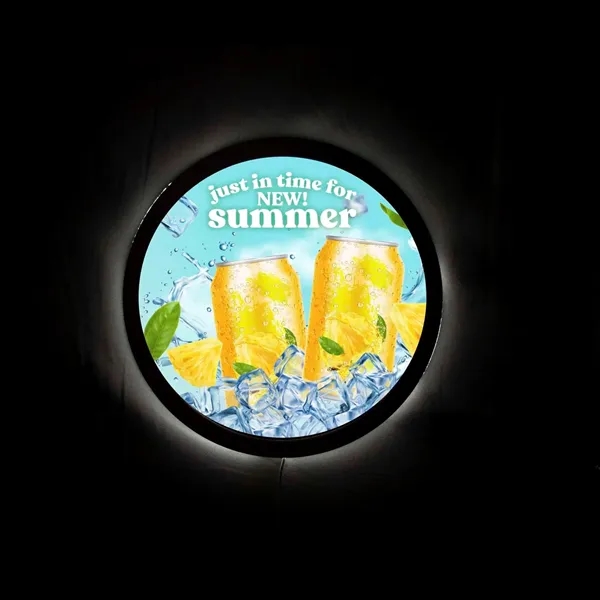 23" round LED display with artwork printed on white poly-carbonate material.... from ASI 87188 Showdown Displays