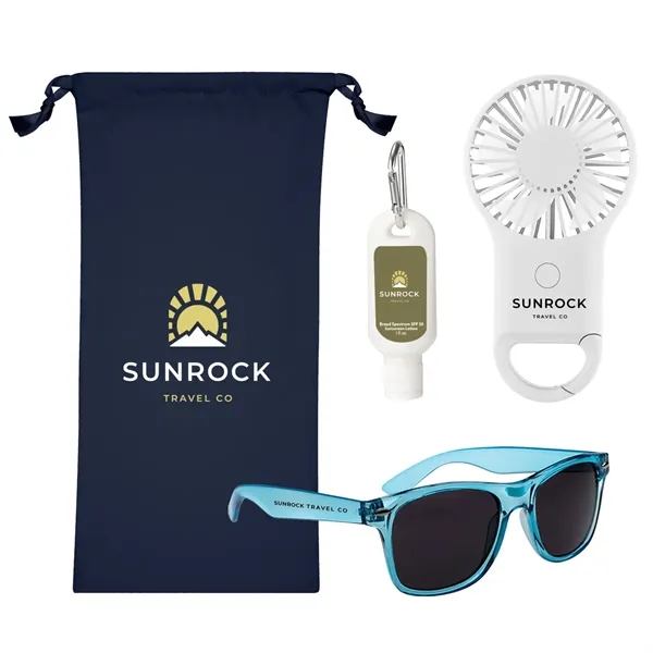 Outdoor essentials kit with polyester drawstring pouch, sunglasses, sunscreen and handheld... from ASI 61125 Hit Promotional Products / Hit®