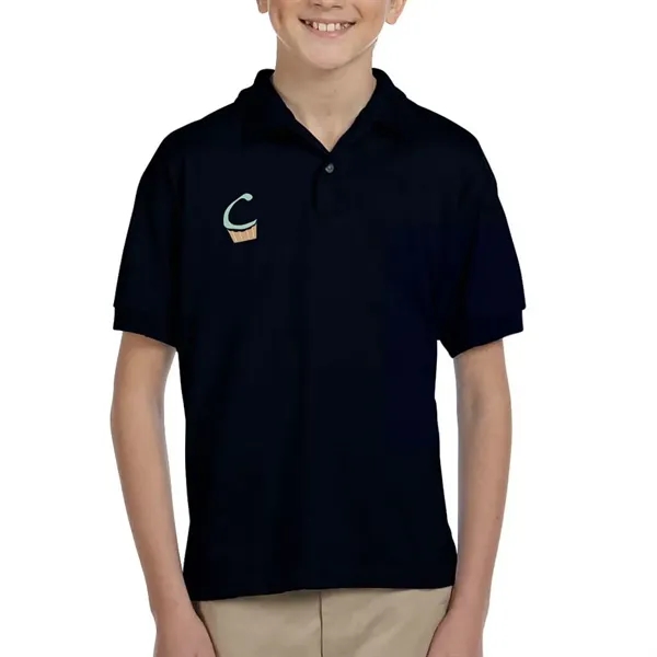 Gildan moisture-wicking cotton / polyester youth polo with two wood-tone button... from ASI 39552 BEL Promo