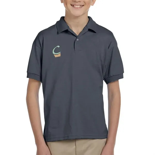 Gildan moisture-wicking cotton / polyester youth polo with two wood-tone button... from ASI 39552 BEL Promo