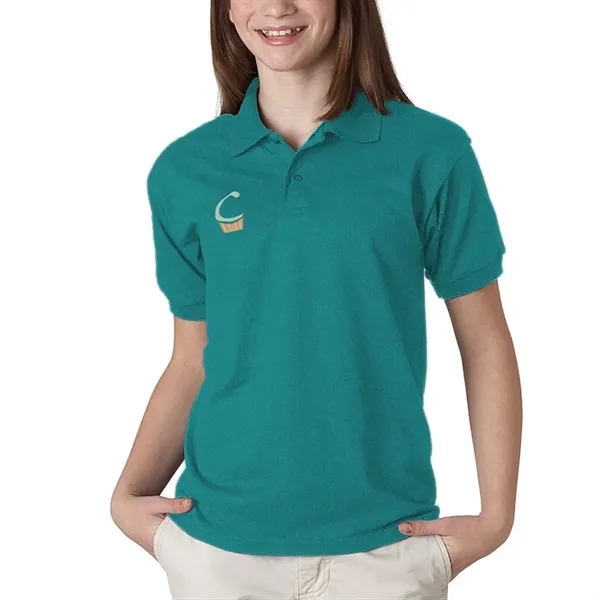 Gildan moisture-wicking cotton / polyester youth polo with two wood-tone button... from ASI 39552 BEL Promo