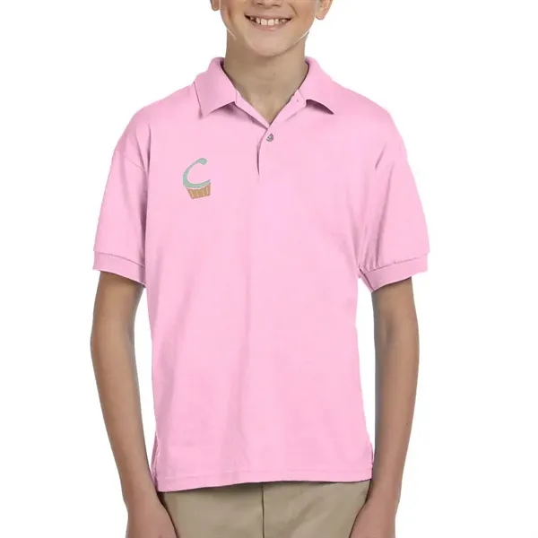 Gildan moisture-wicking cotton / polyester youth polo with two wood-tone button... from ASI 39552 BEL Promo