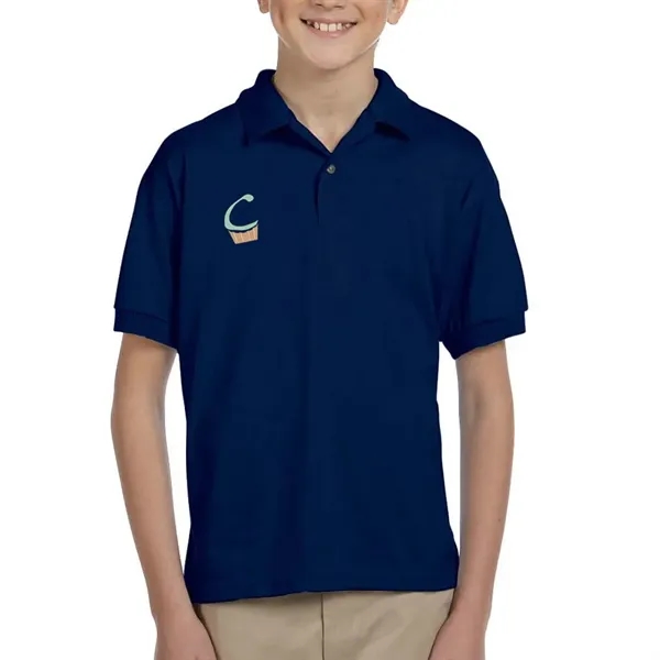 Gildan moisture-wicking cotton / polyester youth polo with two wood-tone button... from ASI 39552 BEL Promo