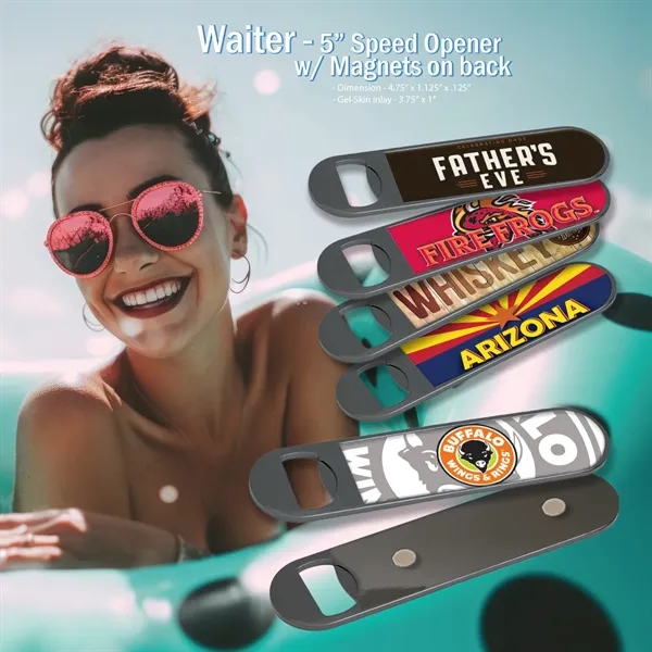 Black nickel waiter bottle opener with magnet on the back and... from ASI 63073 Openers.Beer / Openers Plus Hobow Caps and Beverage Tools