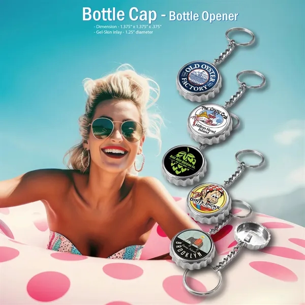 Chrome bottle cap shaped opener with keychain and UV crystal clear... from ASI 63073 Openers.Beer / Openers Plus Hobow Caps and Beverage Tools