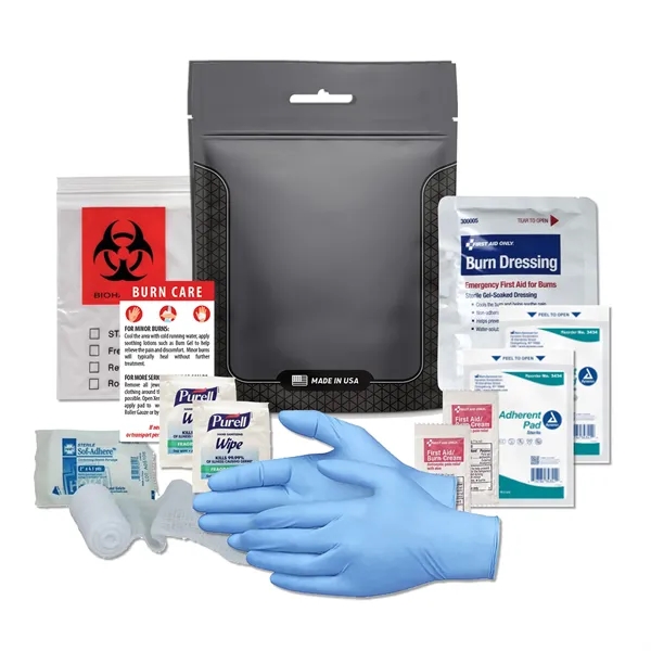 Burn kit with a burn dressing, gloves, non-stick pads, biohazard bag,... from ASI 84514 Safety Made
