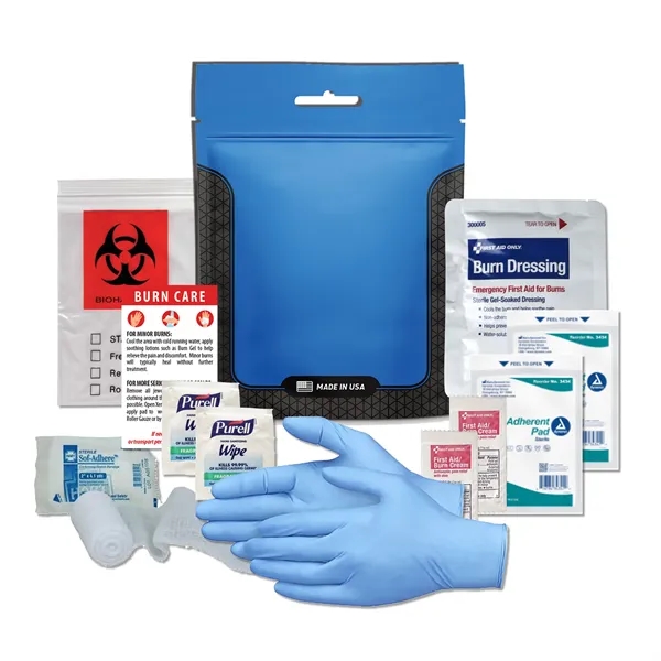 Burn kit with a burn dressing, gloves, non-stick pads, biohazard bag,... from ASI 84514 Safety Made
