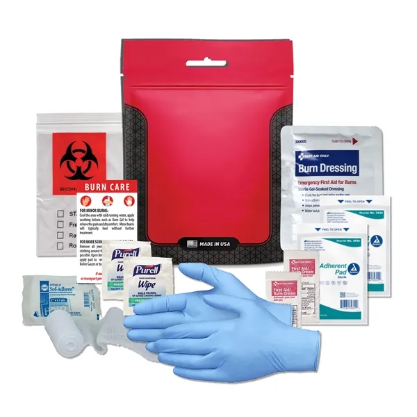 Burn kit with a burn dressing, gloves, non-stick pads, biohazard bag,... from ASI 84514 Safety Made