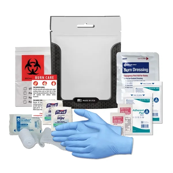 Burn kit with a burn dressing, gloves, non-stick pads, biohazard bag,... from ASI 84514 Safety Made