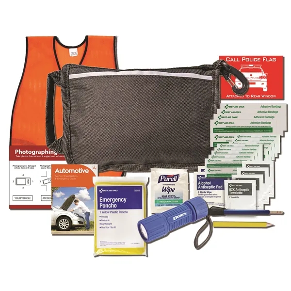 Auto safety kit with a COB flashlight, safety vest, tire gauge,... from ASI 84514 Safety Made