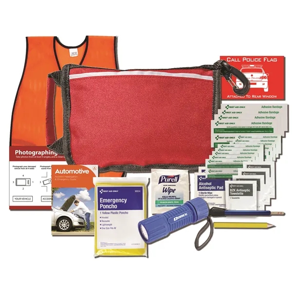 Auto safety kit with a COB flashlight, safety vest, tire gauge,... from ASI 84514 Safety Made