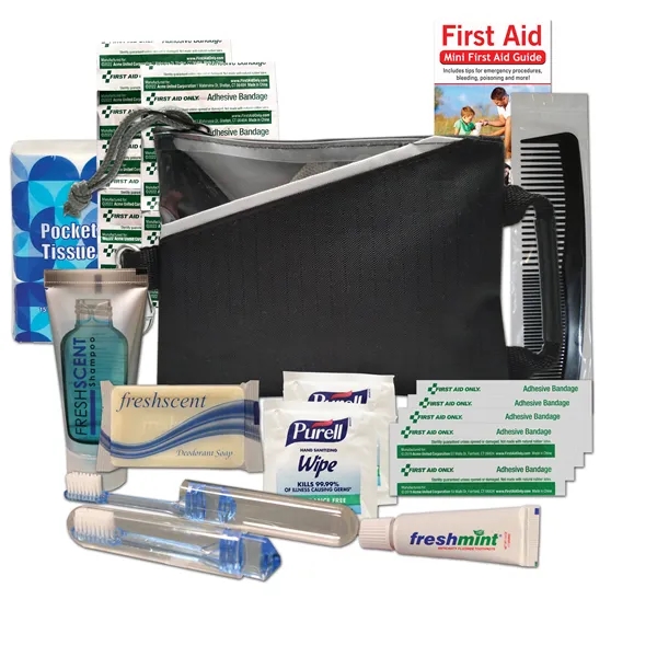 Travel kit with a nylon pouch, bandages, tissue pack, toothbrush, toothpaste,... from ASI 84514 Safety Made