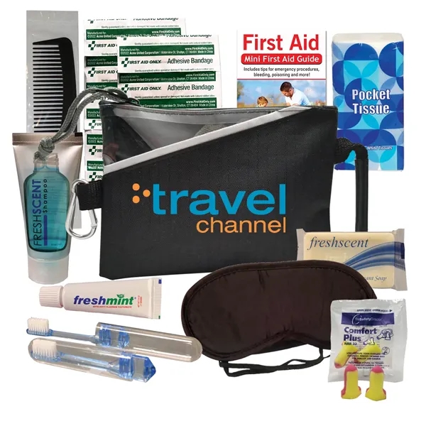 Travel kit with a nylon pouch, sleep mask, shampoo, comb, deodorant... from ASI 84514 Safety Made