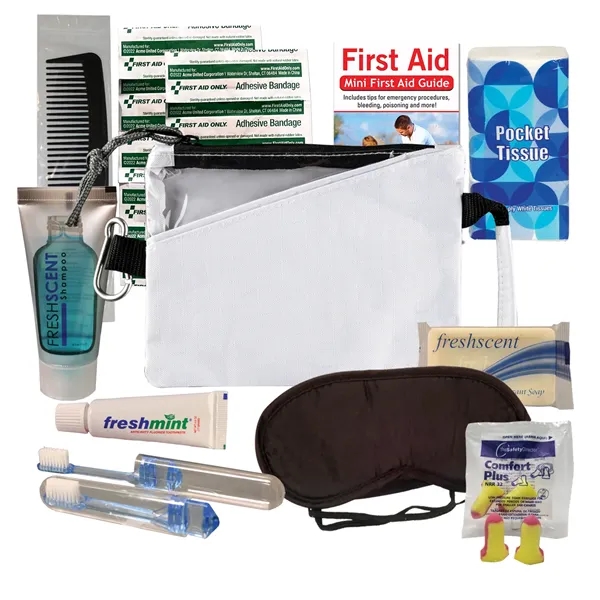 Travel kit with a nylon pouch, sleep mask, shampoo, comb, deodorant... from ASI 84514 Safety Made