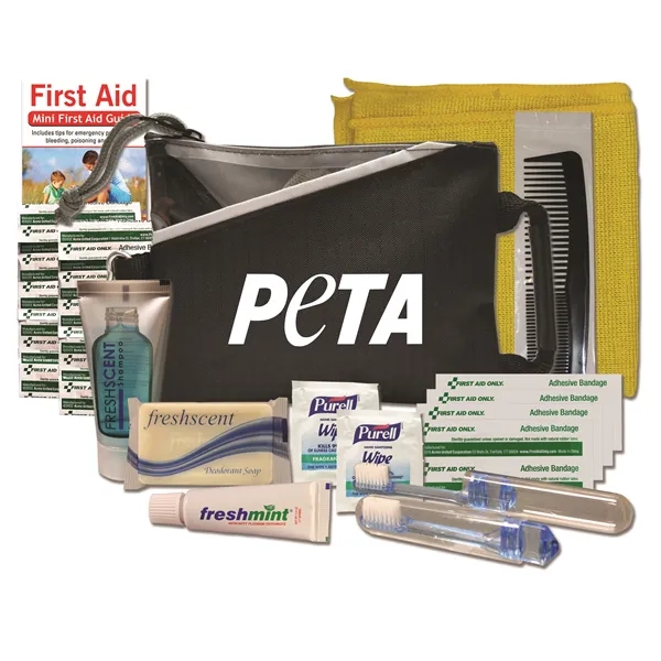 Hygiene kit with a washcloth, bandages, toothbrush, toothpaste, deodorant soap, shampoo... from ASI 84514 Safety Made