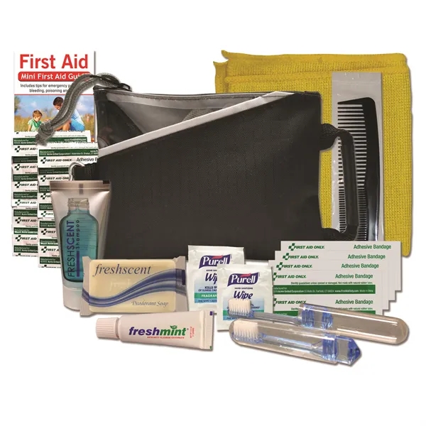 Hygiene kit with a washcloth, bandages, toothbrush, toothpaste, deodorant soap, shampoo... from ASI 84514 Safety Made
