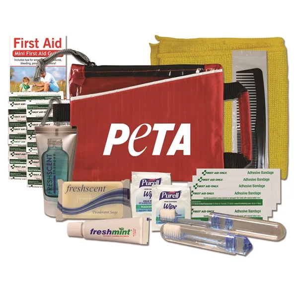 Hygiene kit with a washcloth, bandages, toothbrush, toothpaste, deodorant soap, shampoo... from ASI 84514 Safety Made