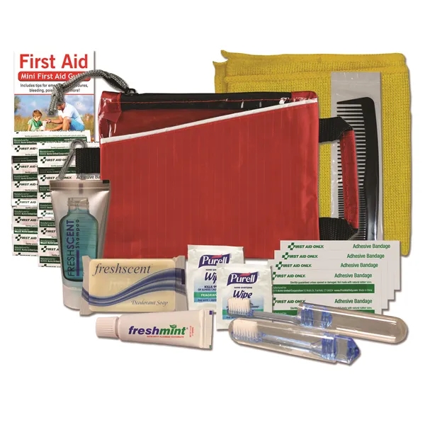 Hygiene kit with a washcloth, bandages, toothbrush, toothpaste, deodorant soap, shampoo... from ASI 84514 Safety Made
