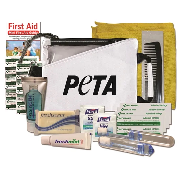 Hygiene kit with a washcloth, bandages, toothbrush, toothpaste, deodorant soap, shampoo... from ASI 84514 Safety Made