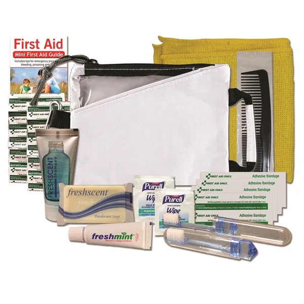 Hygiene kit with a washcloth, bandages, toothbrush, toothpaste, deodorant soap, shampoo... from ASI 84514 Safety Made