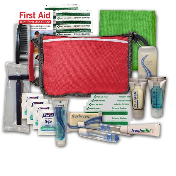 Hygiene kit with a washcloth, toothbrush, toothpaste, shampoo, deodorant soap, deodorant... from ASI 84514 Safety Made