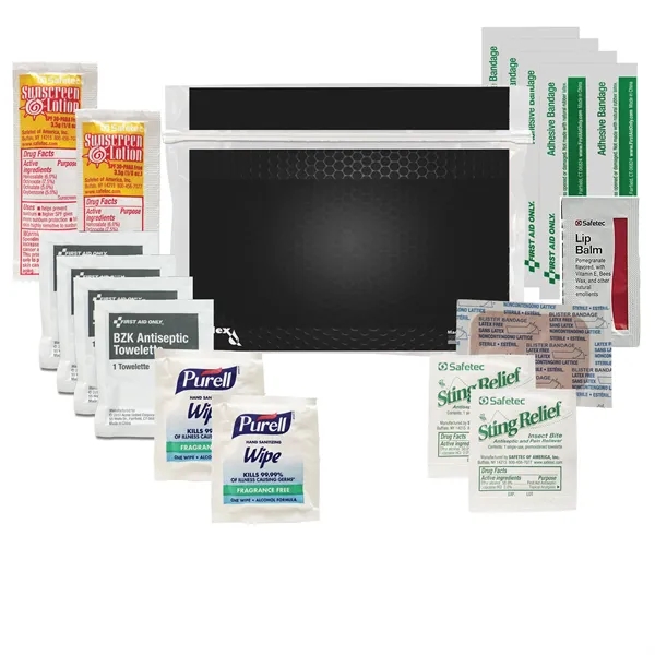 First aid kit with sting swabs, bandages, lip balm packet, sunscreen... from ASI 84514 Safety Made