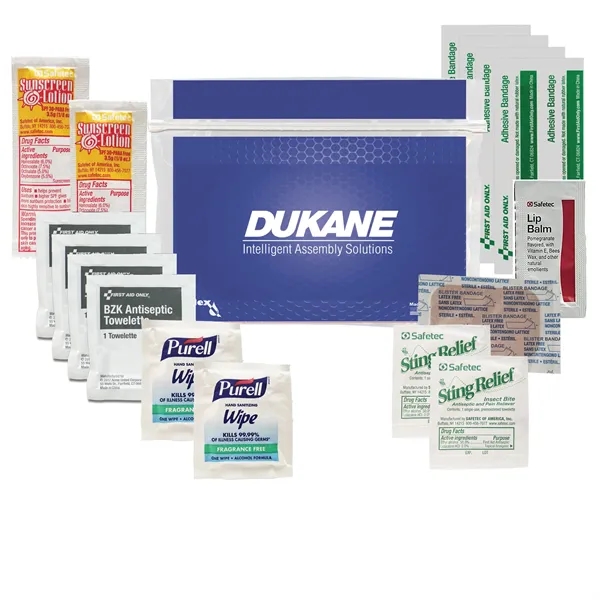 First aid kit with sting swabs, bandages, lip balm packet, sunscreen... from ASI 84514 Safety Made