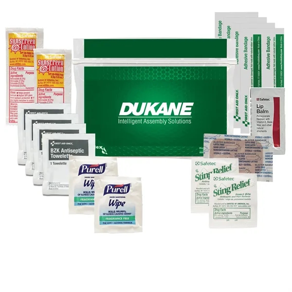 First aid kit with sting swabs, bandages, lip balm packet, sunscreen... from ASI 84514 Safety Made