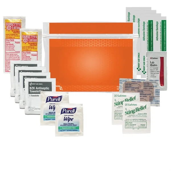 First aid kit with sting swabs, bandages, lip balm packet, sunscreen... from ASI 84514 Safety Made