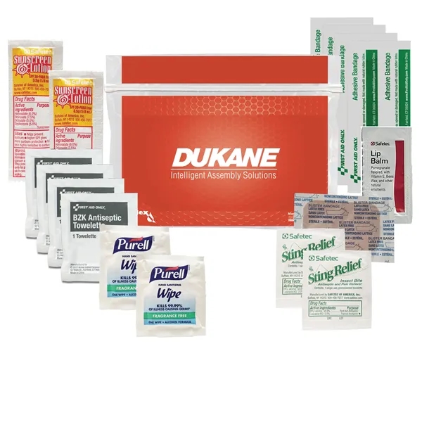 First aid kit with sting swabs, bandages, lip balm packet, sunscreen... from ASI 84514 Safety Made