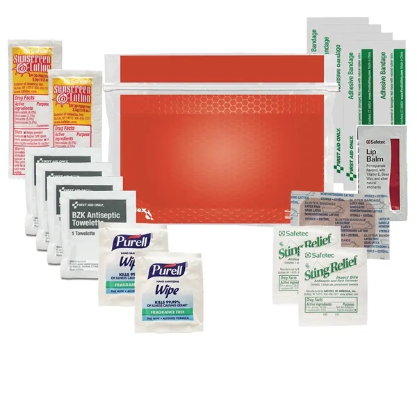 First aid kit with sting swabs, bandages, lip balm packet, sunscreen... from ASI 84514 Safety Made