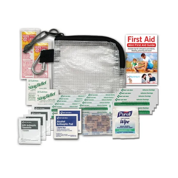 Outdoor first aid kit with sting swabs, sunscreen, first aid wipes,... from ASI 84514 Safety Made