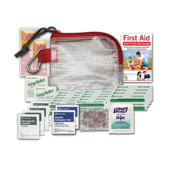 Outdoor first aid kit with sting swabs, sunscreen, first aid wipes,... from ASI 84514 Safety Made