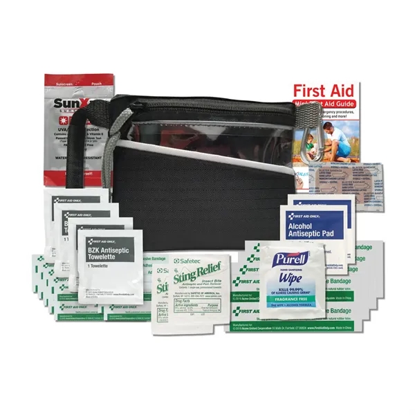 Active outdoor kit with several first aid items, tweezers, and sunscreen.... from ASI 84514 Safety Made