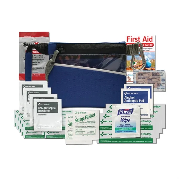 Active outdoor kit with several first aid items, tweezers, and sunscreen.... from ASI 84514 Safety Made