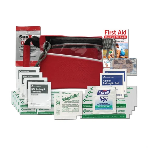 Active outdoor kit with several first aid items, tweezers, and sunscreen.... from ASI 84514 Safety Made