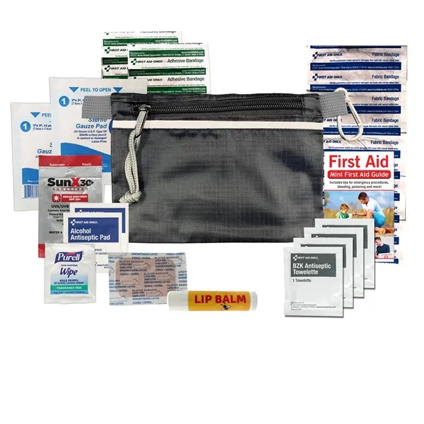 First aid kit with sting swabs, sunscreen, lip balm, tweezers, first... from ASI 84514 Safety Made