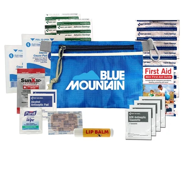 First aid kit with sting swabs, sunscreen, lip balm, tweezers, first... from ASI 84514 Safety Made