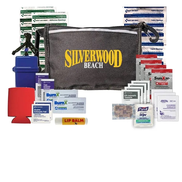 Beach kit with a zippered pouch, sunscreen packets, cleaning towelettes, ointment... from ASI 84514 Safety Made