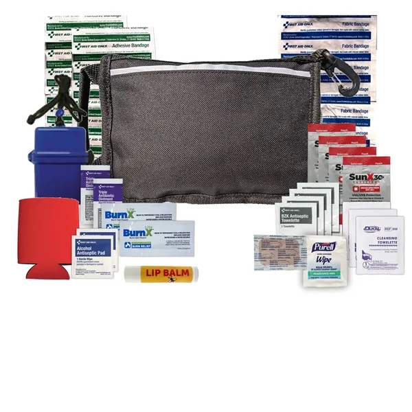 Beach kit with a zippered pouch, sunscreen packets, cleaning towelettes, ointment... from ASI 84514 Safety Made