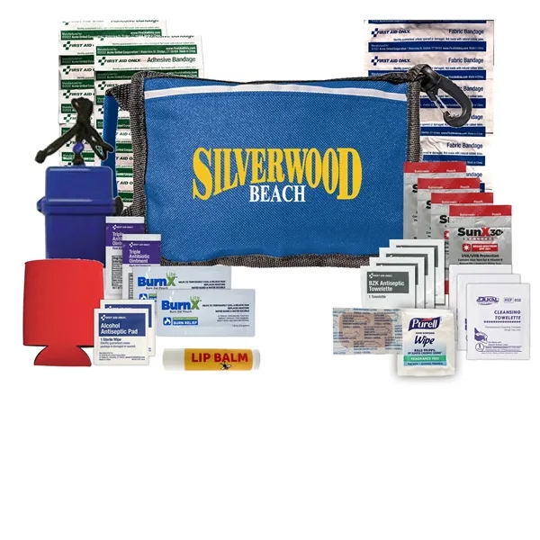 Beach kit with a zippered pouch, sunscreen packets, cleaning towelettes, ointment... from ASI 84514 Safety Made