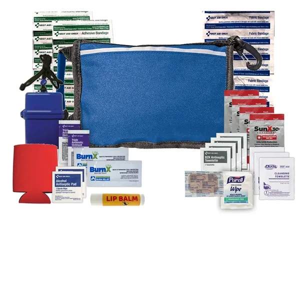 Beach kit with a zippered pouch, sunscreen packets, cleaning towelettes, ointment... from ASI 84514 Safety Made