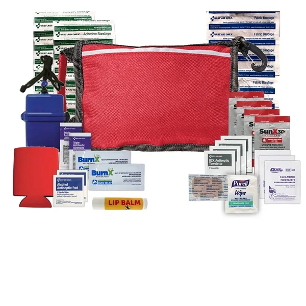 Beach kit with a zippered pouch, sunscreen packets, cleaning towelettes, ointment... from ASI 84514 Safety Made