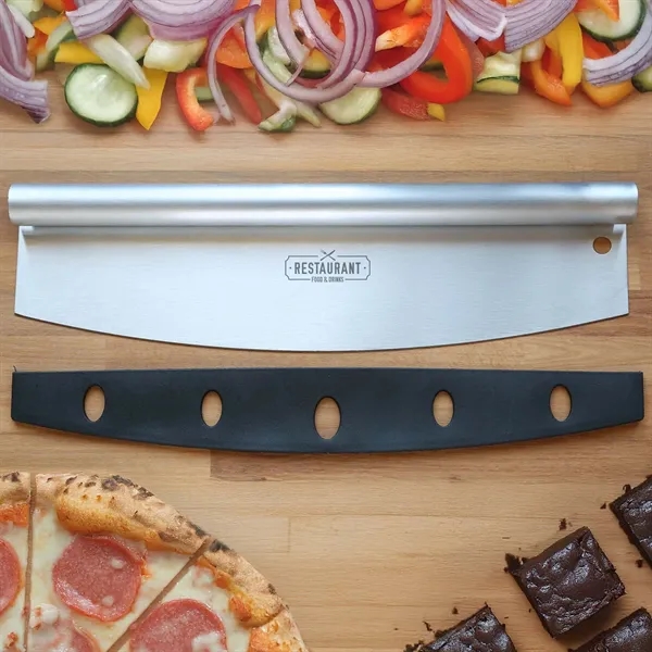 Stainless steel rocker knife with sheath for safe storage.... from ASI 61966 HPG / Beacon Promotions