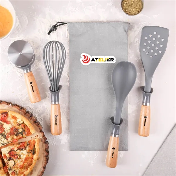 4-piece beechwood kitchen utensil set in a recycled rPET drawstring non-woven... from ASI 61966 HPG / Beacon Promotions