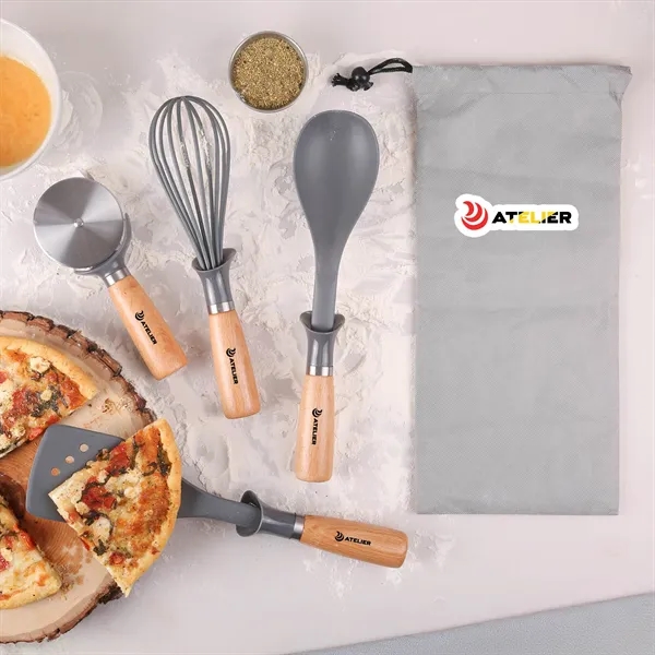 4-piece beechwood kitchen utensil set in a recycled rPET drawstring non-woven... from ASI 61966 HPG / Beacon Promotions