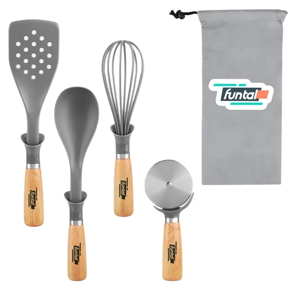 4-piece beechwood kitchen utensil set in a recycled rPET drawstring non-woven... from ASI 61966 HPG / Beacon Promotions