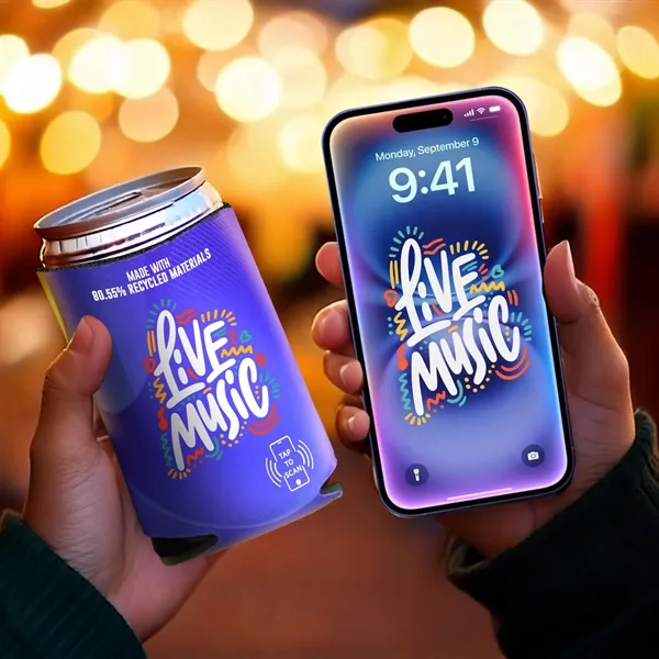 An eco-friendly can cooler with NFC technology for instant digital content... from ASI 61966 HPG / Best Promotions USA